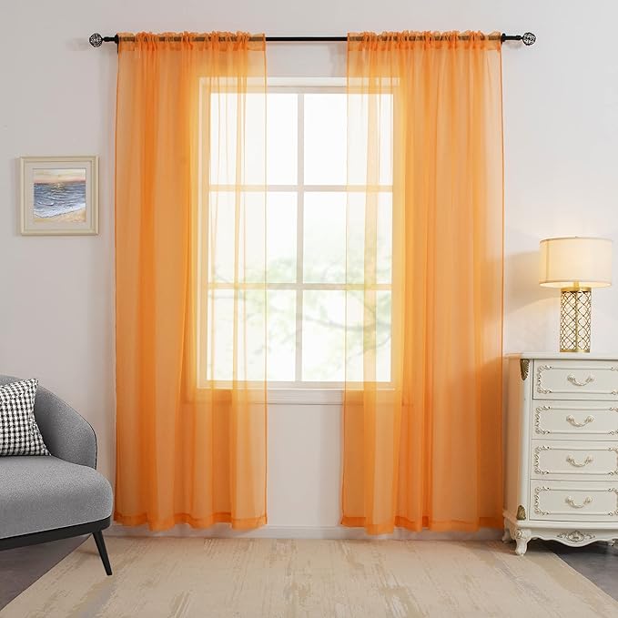 HUTO Orange 108 Sheer Curtains for Bedroom Rod Pocket Sheer Voile Window Curtains for Living Room Party Decor 52 by 108 Inches Long Set of 2 Panels