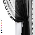 Treatmentex Black Pom Pom Sheer Curtains for Bedroom 63" Linen Texture Decorative Voile Draperies Chic Solid Sheer Curtain Panels for Living Room 52" w 2 Pack