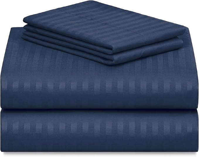 LuxClub 4 PC Full Size Sheet Set Bed Sheets, Breathable Luxury Deep Pockets Wrinkle Free Cooling Sheets Machine Washable Hotel Bedding (Full, Striped Navy)