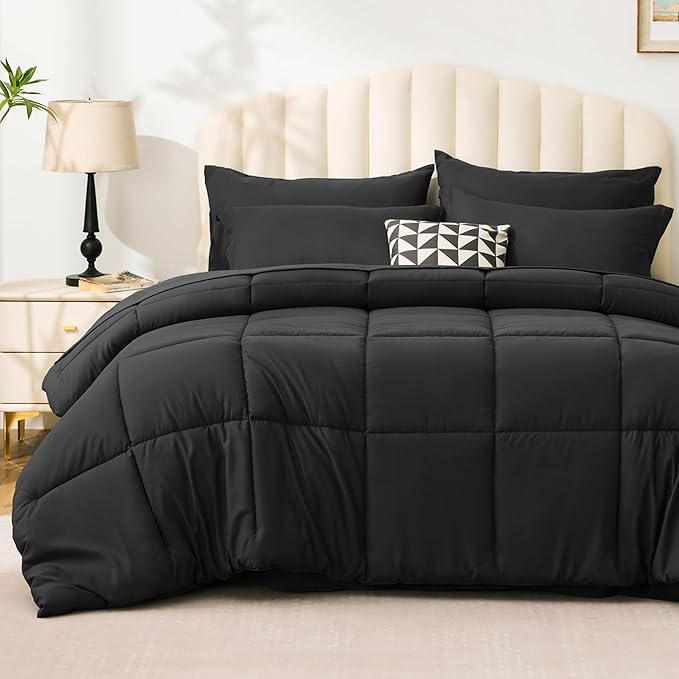 Love's cabin King Size Comforter Set Ash Black, 7 Pieces King Bed in a Bag, All Season Bedding Sets with 1 Comforter, 1 Flat Sheet, 1 Fitted Sheet, 2 Pillowcase and 2 Pillow Sham