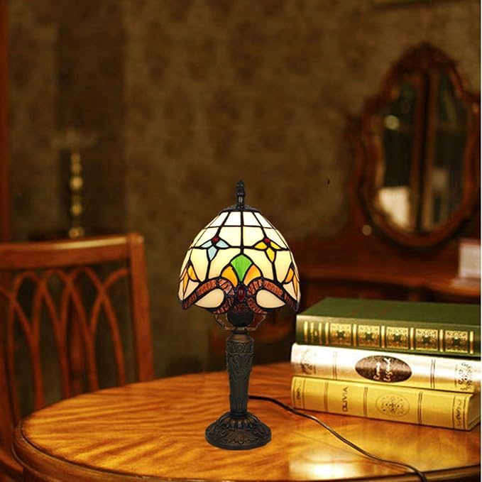 Tiffany Small Lamp Baroque Stained Glass Table Lamp 3 Way Color-Temparetures Bedside Nightstand Table Lamps for Bedroom Living Room Home Office Desk Light W/LED Bulb 6X6X12.5Inch