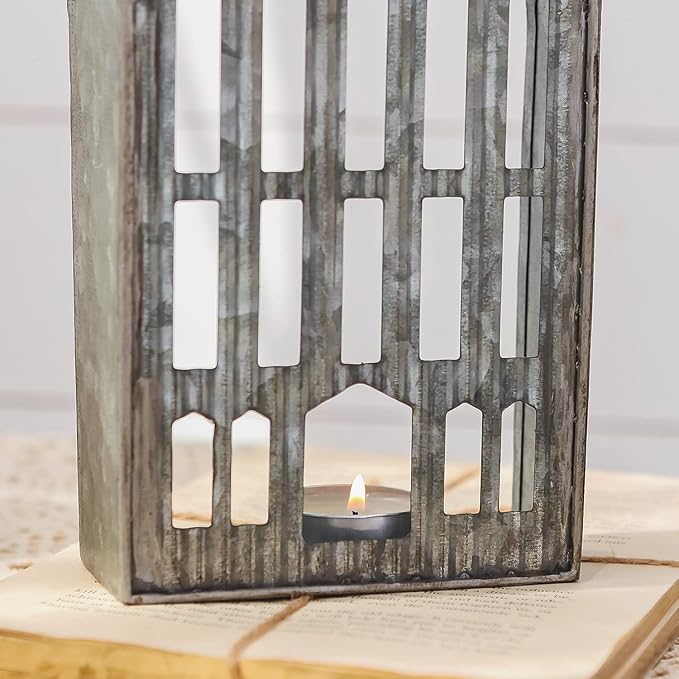 Church Shaped Tea Light Candle Holder Farmhouse Galvanized Metal Candle Holder Vintage Decorative Tealight Holder for Table Centerpiece Decoration - 4.53" x 1.97" x 10.43"