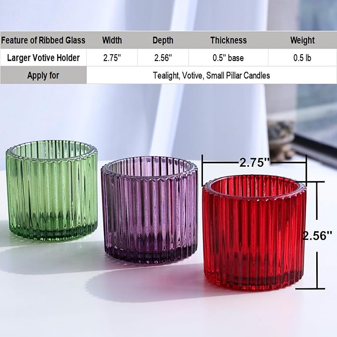 VOHO 3 Color Votive Candle Holders for Easter Decor, 6pcs Large Tealight Candle Holder for Votive Tea Lights Candles, Ribbed Tea Light Candle Holder Glass Gifts for Halloween/Thanksgiving/Christmas