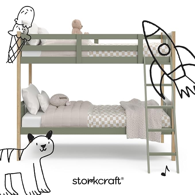 Storkcraft Caribou Bunk Bed Twin Over Twin Bunk Bed (Olive and Natural) - GREENGUARD Gold Certified, Twin Bunk Beds for Kids, Converts to 2 Individual Twin Beds (Mattress not Included)