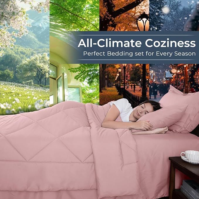HEVUMYI Rose Gold Full Comforter Set - 7-Piece All Season Bed in a Bag Full, Ultra Soft Bedding Set with Comforter, Flat Sheet, Fitted Sheet, Pillowcases, Pillow Shams