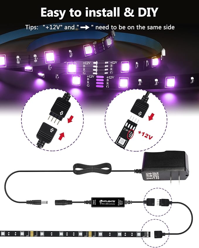 LED Strip Lights, HitLights 4 Pre-Cut 1ft/4ft Small Light Strips Dimmable, RGB 5050 Color Changing LED Tape Light with Remote and UL-Listed Adapter for TV Backlight, Bedroom, Cabinet Shelf Display