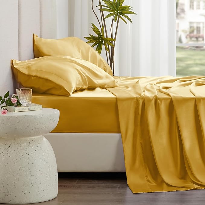 Love's cabin Full Size Satin Sheet Sets - 4 Piece Gold Silky Sheet Set with Deep Pocket, Luxury Silk Feel Satin Sheets Full Bedding Set (1 Flat Sheet,1 Fitted Sheet,2 Pillow Cases)