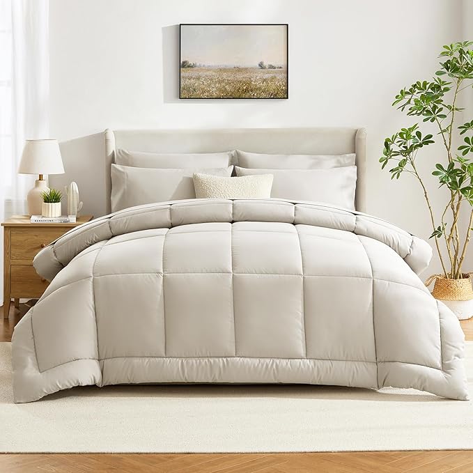 CozyLux California King Comforter Sets Beige, 7 Pieces Cal King Bed in a Bag, All Season Bedding Sets with Stitch Quilted Comforter, Flat Sheet, Fitted Sheet, Pillowcases