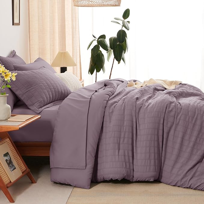 CozyLux King Size Comforter Set Dusty Purple Seersucker 7 Pieces Bed in a Bag King Comforter Set with Sheets, Luxury Bedding Set with Down Alternative Comforter, Sheets, Pillowcases & Shams All Season