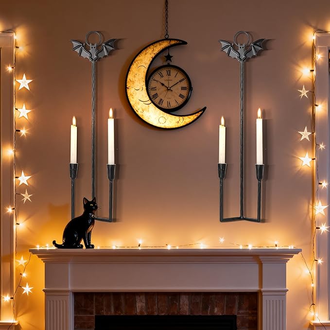Wall Sconce Candle Holder Metal Hanging Wall Decorations Gothic Bat Wall Light Candle Holder for Home,Living Room, Bathroom, Dining Room, Set of 2（Black