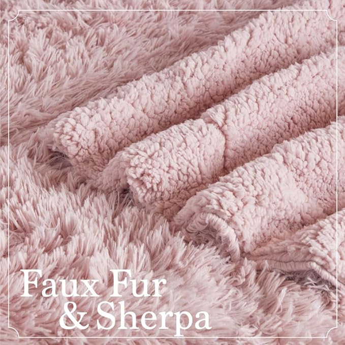 The Connecticut Home Co Throw Blanket Soft Fluffy Room Decor, 70x60, Cozy Warm Throws for Bed, Couch, Gifts for Women, Bedroom Cute Aesthetic Blankets Shag and Sherpa, Dusty Rose