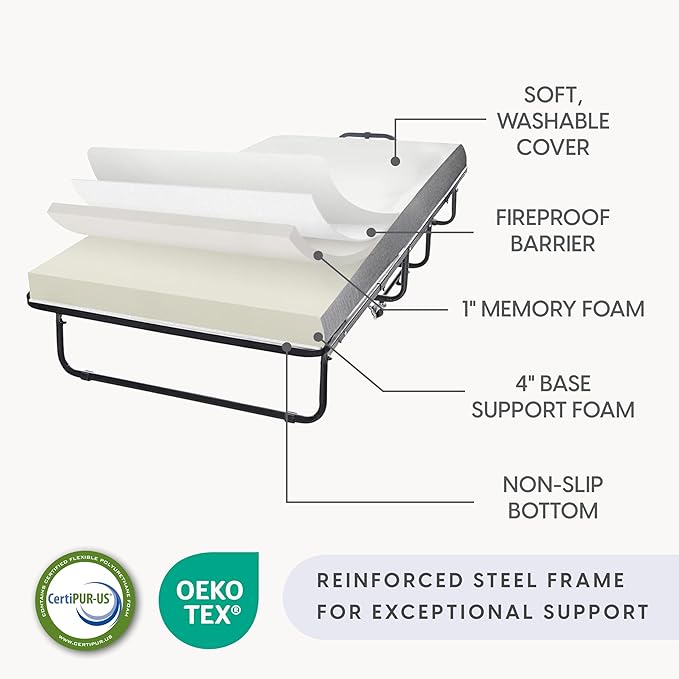 Milliard Diplomat Folding Bed with Mattress for Adults & Kids, Cot Size, Portable Foldable Bed with Luxurious Memory Foam Mattress & Super Strong Frame, 75” x 31", Fold Up, Roll Away, & Hideaway