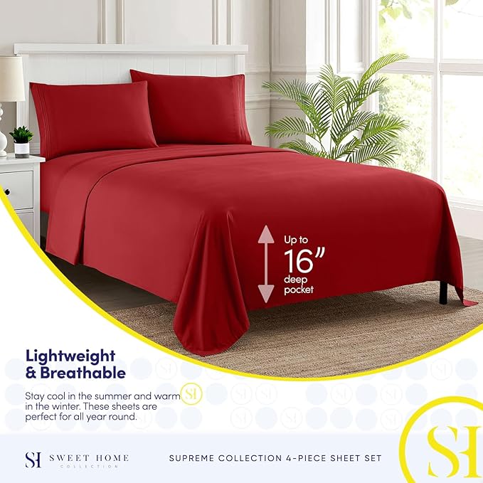 Queen Size Bed Sheets - Breathable Luxury Sheets with Full Elastic & Secure Corner Straps Built In - 1800 Supreme Collection Extra Soft Deep Pocket Bedding Set, Sheet Set, Queen, Red