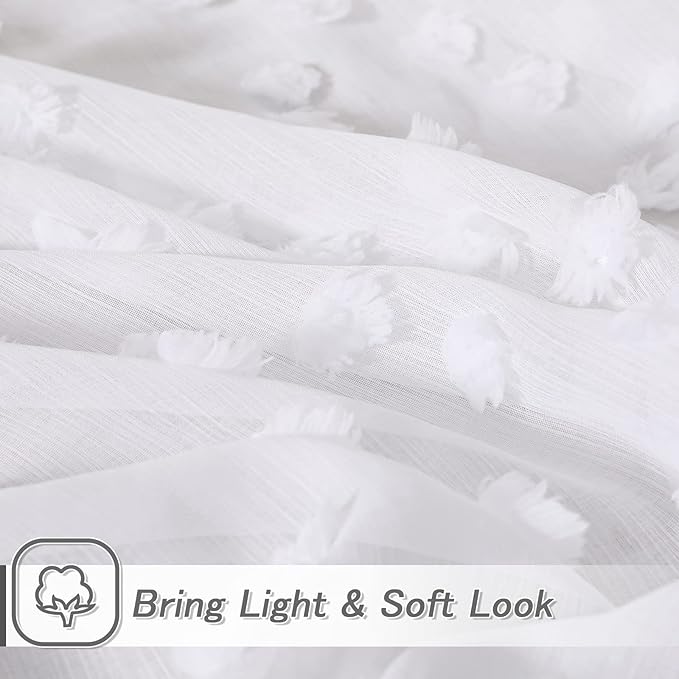 MYSKY HOME White Sheer Short Curtains with Pom Pom for Small Windows Bedroom Nursery Kids Girls Room Curtains Cafe Kitchen Light Filtering Boho Drapes, Rod Pocket,38 x 45 Inches, 2 Panels