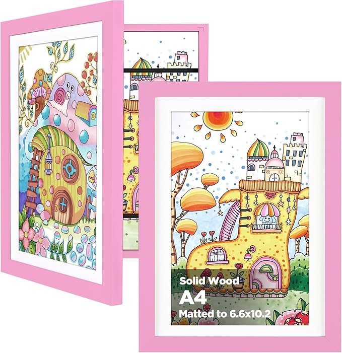 KINLINK A4 Kids Art Frames Set of 2, Solid Wood Kids Artwork Frames Changeable with Acrylic Front Opening Holds 150 Pictures, Art Frame for Kids Artwork with Mat or without Mat, Pink