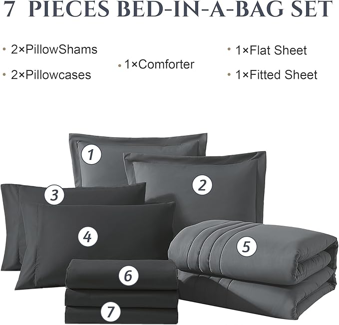 Monbix Full Comforter Set - 7 Pieces Grey Bed in a Bag Full Size Bedding Sets with Comforters, All Seasons Down Alternative Comforter with Sheets,Pillowcases & Shams