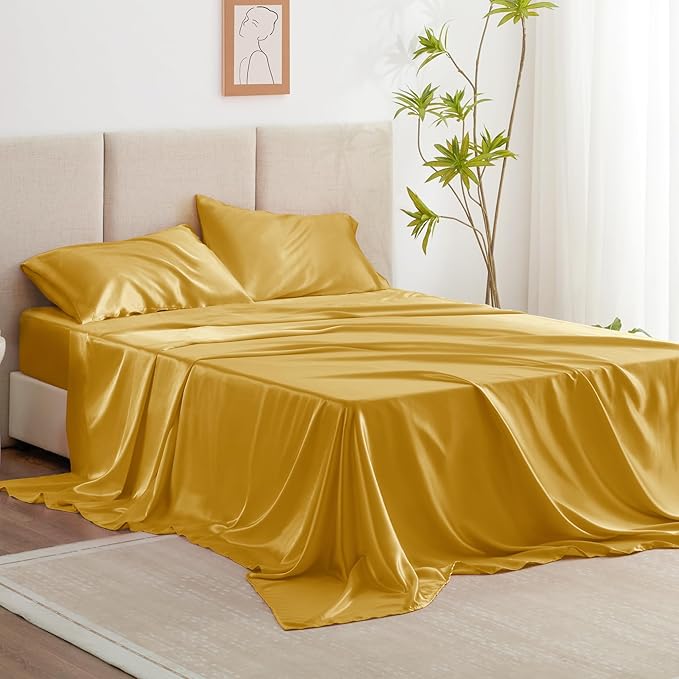 Love's cabin 4Piece California King Satin Bed Linen Set, Gold Silky Satin Sheets, Deep Pocket, Luxury Silk Feel, 1 Flat, 1 Fitted Sheet, 2 Pillow Cases