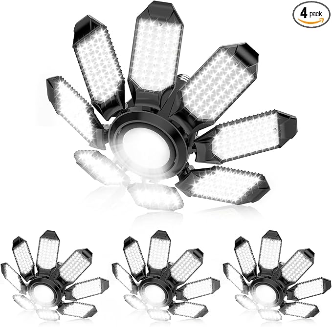 Garage Lights - Super Bright 250W LED Garage Ceiling Light w/ 8 Deformable Panels 6500K Led Light Bulb Srew in E26/E27 Socket with Adjustable Center Spotlight for Barn Workshop Attic - 4Pack