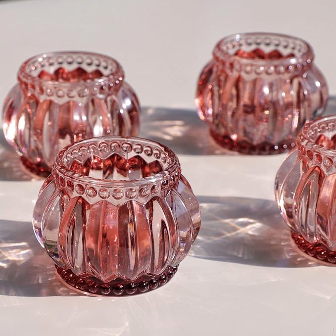 Woho Rose Gold Tealight Candle Holder Set of 6 for Valentines Day Decor, Glass Tea Lights Candle Holder for Wedding Party, Votive Candle Holders for Table Centerpiece