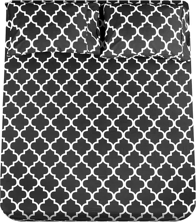 Mejoroom Queen Bed Sheet Set - Super Soft Brushed Microfiber 1800 Thread Count Queen Sheets with 16 inch Deep Pocket - Wrinkle Free - 4 Piece(Queen, Black Quatrefoil with White Pattern)