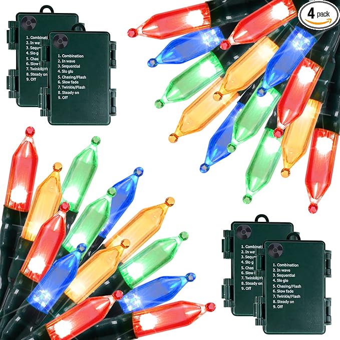 Christmas Lights Battery Operated 4 Pack 8 Feet 20 LED String Lights on Green Wire with 8 Modes Waterproof Tree Lights for Outdoor Indoor Holiday Party Garden Xmas Tree Decorations, Multicolor