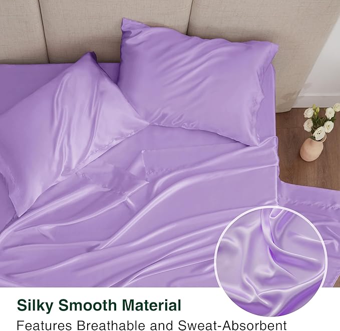 Love's cabin Satin Queen Sheets Set - 4 Piece Lavender Silky Bed Sheets with Deep Pocket, Luxury Silk Feel Satin Queen Size Sheet Set (1 Flat Sheet,1 Fitted Sheet,2 Pillow Cases)