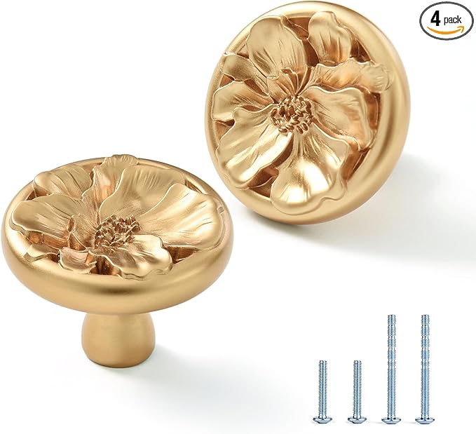 Flower Cabinet Pulls Handle Knob Drawer for Kitchen Dresser Wardrobe Bathroom and Cupboard One Hole Hardware Knobs for Girl Easy Installation Pack of 4 Champagne Bronze