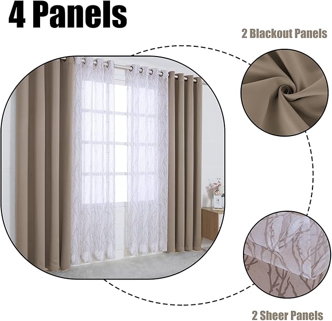 BONZER Mix and Match Curtains - 2 Pieces Branch Print Sheer Curtains and 2 Pieces Blackout Curtains for Bedroom Living Room Grommet Window Drapes, 54x95 Inch/Panel, Taupe, Set of 4 Panels