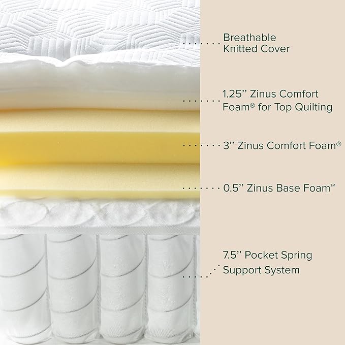 ZINUS 13 Inch Euro Top Pocket Spring Hybrid Mattress, Queen, Pressure Relief, Pocket Innersprings for Motion Isolation, Mattress in A Box