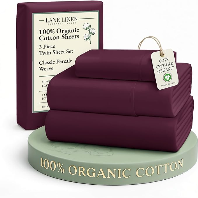 LANE LINEN Sustainably Produced 100% Organic Cotton Twin Bed Sheet Set, Soft & Breathable Naturally Cool Temperature Regulating Twin Sheet Set, Low Pilling Fade Resistant Bed Sheets- Windsor Wine