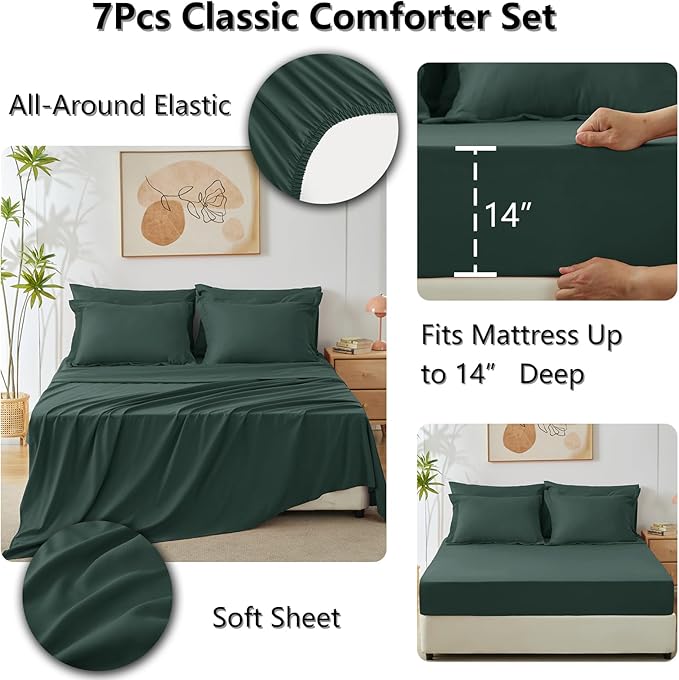 CozyLux Full Size Comforter Sets Forest Green - 7 Pieces Bed in a Bag Full, Luxury Soft Bed Set for All Seasons, Bedding Set with Down Alternative Comforter, Sheets, Pillowcases & Shams