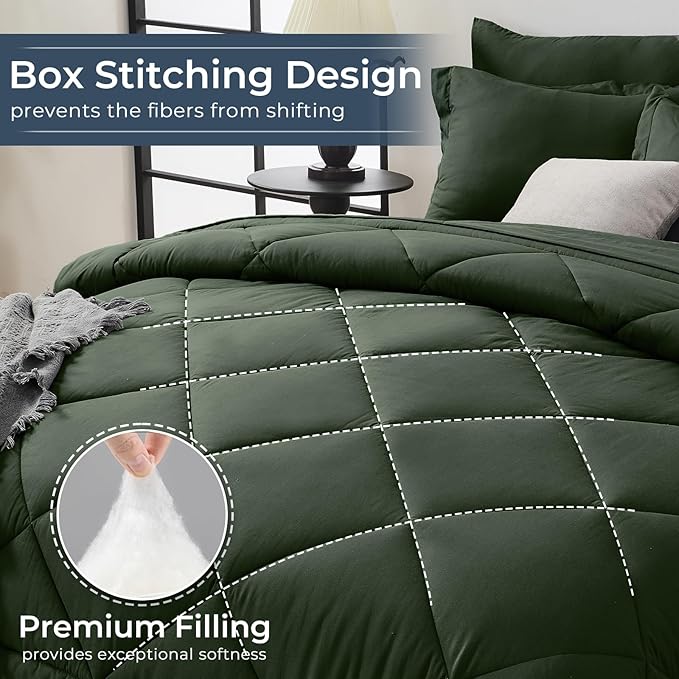 HEVUMYI Army Green Twin Comforter Set - 5-Piece All Season Bed in a Bag Twin, Ultra Soft Bedding Set with Comforter, Flat Sheet, Fitted Sheet, Pillowcases, Pillow Shams
