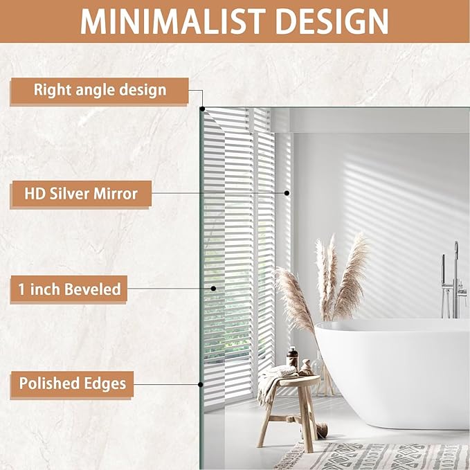 Frameless Mirror for Bathroom Vanity,16x24in Wall Mounted Mirrors for Over Sink Decorative Rectangular Frameless Mirror,With Polished Edge,Hangs Horizontally Or Vertically,Entryways,Room,Shatterproof