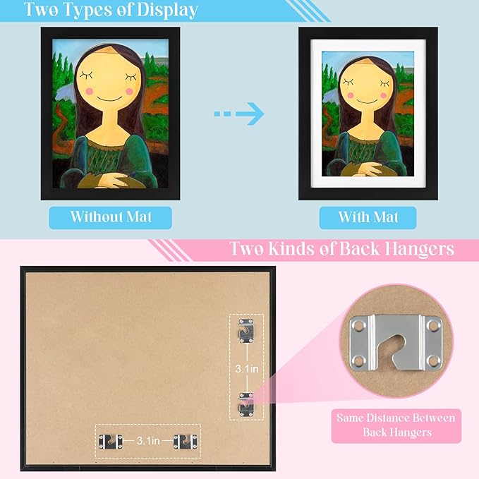 [3 Pack] Kids Art Frames, 10x12.5 Front Opening Kids Artwork Frames Changeable, Displays 8.5x11 With Mat and 10x12.5 Without Mat, Holds 50 Pcs, for 3D Picture, Crafts, Children Drawing, Hanging Art, Portfolio Storage