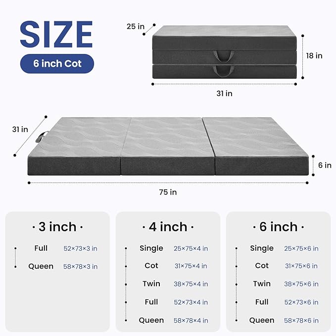 Foldable Mattress Cot 6 inch -Portable Grey Memory Foam Folding Matress with Washable Cover for Camping Travel Guest Room Home Use-Non-Slip&Easy Storage
