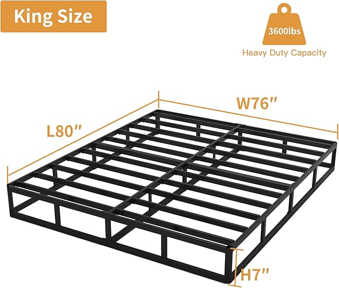 King Box Spring, 7 Inch King Size Box Spring Only, 3000 lbs Heavy Duty Metal Frame Mattress Foundation with Fabric Cover, Easy Assembly-Noise Free