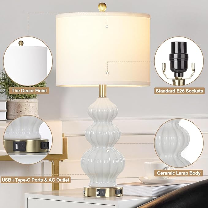 Modern White Table Lamps Set of 2 - Bedside Lamps for Night Stands, 26" Triple Gourd Ceramic Lamps for Living Room with USB A+C Ports & AC Outlet,3 Way Touch Lamps for Bedroom (LED Bulbs Included)