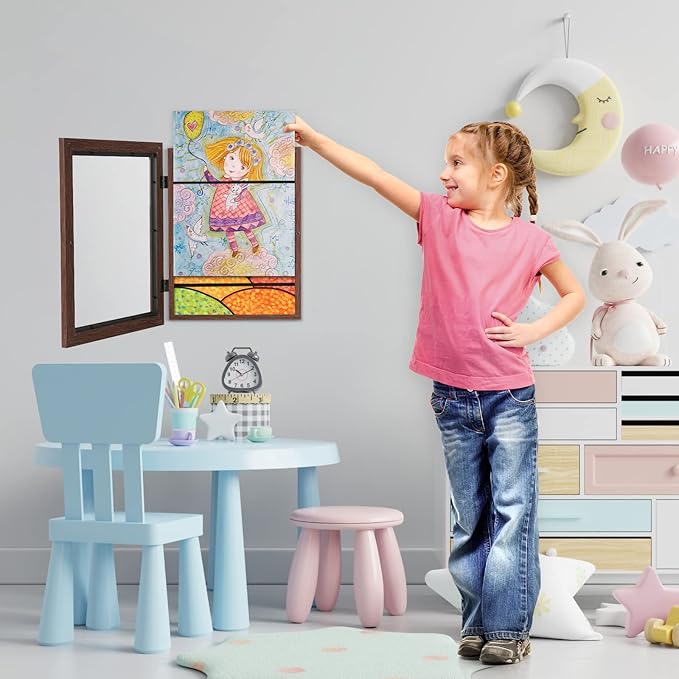 [3Pack] Kids Art Frames, 9x12 Front Opening Kids Artwork Frames Changeable, Brown Artwork Display Storage Frame for Wall, Holds 50 Pcs, for 3D Picture, Crafts, Children Drawing, Hanging Art, Portfolio
