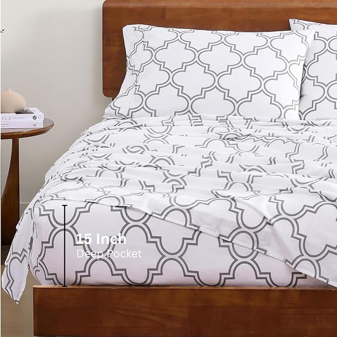 LANE LINEN Eco Friendly 100% Organic Cotton Printed Twin Sheet Set, Soft & Comfy Hotel Style Percale Sheets, Low Pilling Naturally Temperature Regulating Cotton Printed Bed Sheet - Trellis Pattern