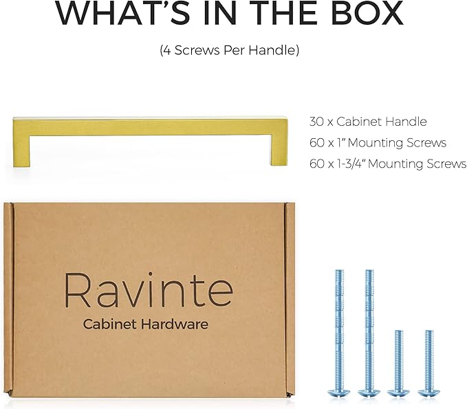 Ravinte 30 Pack 7-1/2 Inch Square Cabinet Handles Cabinet Pulls Brushed Brass Drawer Pulls Kitchen Cabinet Hardware Kitchen Handles for Cabinets Cupboard Handles Drawer Handles