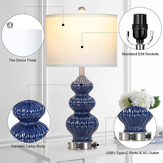 26" Blue Table Lamp Set of 2 with USB A+C Ports & AC Outlet, Ceramic Table Lamps Classic Beside Lamps Nightstand Lamp Modern Table Lamp for Living Room,LED Bulbs Included