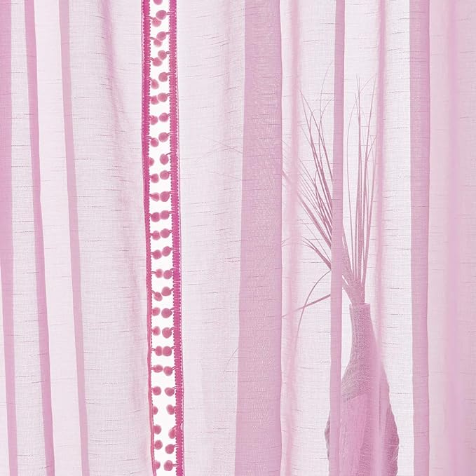 Treatmentex Pink Sheer Curtains for Girls-Room 108inch Long Window Drapes with Cute Pom Pom Design for Salson Party Ceremony Birthday Décor 52" w X 2 Pack