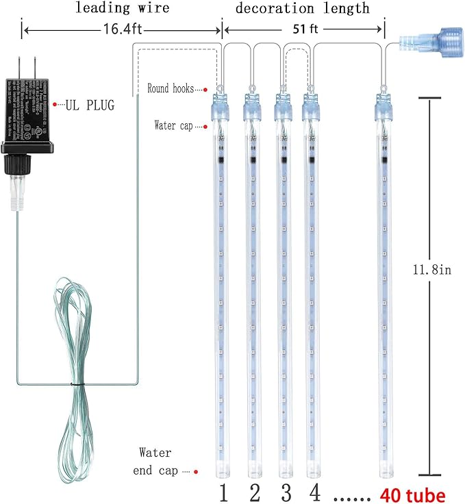 Kwaiffeo Outdoor Christmas Decorations, Waterproof 40-Tube Meteor Shower Lights for Xmas Wedding Party Hanging Decor, Wedding Decorations for Reception, Equivalent to 5 Sets of 8-Tubes, White