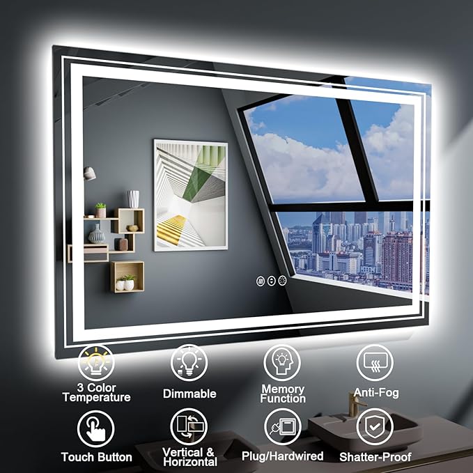 27x35 LED Bathroom Mirror with Front and Backlight, Dimmable Lighted Bathroom Vanity Mirror with Anti-Fog, Memory Function,Tempered Glass(Horizontal/Vertical)