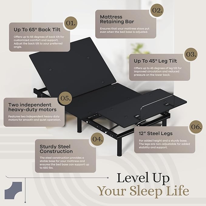 Sven and Son Essential Adjustable Bed Base (Frame) + 12 inch Memory Foam Matt (Medium), Easy Assembly, Head and Foot Lift, Memory Positions, Zero Gravity, Wireless Remote - Twin XL