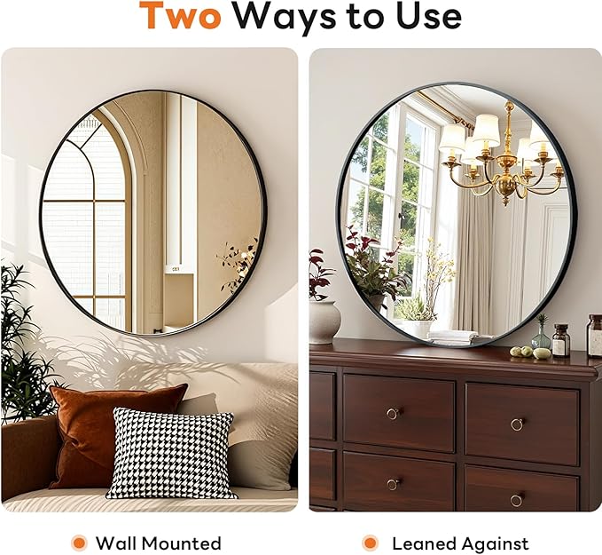 Sweetcrispy Round Bathroom Mirror 24 Inch Black Metal Framed Wall Mounted Circle Vanity Mirror for Bathroom, Bedroom, Living Room, Entryway, Anti-Rust, Modern Decorative, Hanging or Leaning