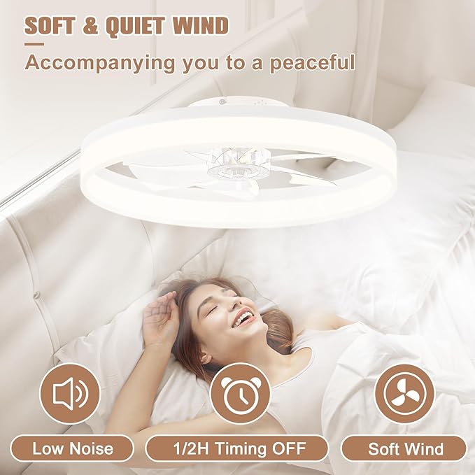 VOLISUN Low Profile Ceiling Fans with Lights and Remote, 23.6in Flush Mount Ceiling Fans with Light, 3000K-6500K Dimmable Fandelier LED Fan Lights, Bladeless Ceiling Fan with Light for Bedroom(White)