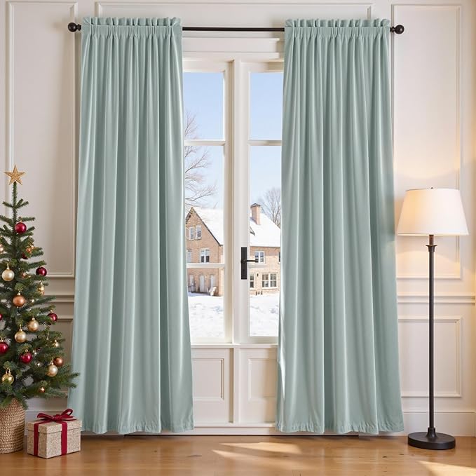 Lazzzy Velvet Blackout Curtains Thermal Insulated Room Window Drapes Super Soft Luxury Curtains for Living Room Bedroom Rod Pocket 2 Panels, Misty Blue, 52" W x 120" L