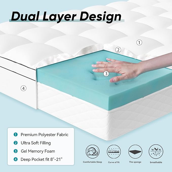 Memory Foam Mattress Topper King Size, Dual Layer 4 Inch Mattress Pad,2 Inch Gel Memory Foam Plus 2 Inch Pillow Top Cover with 8-21 Inch Deep Pocket