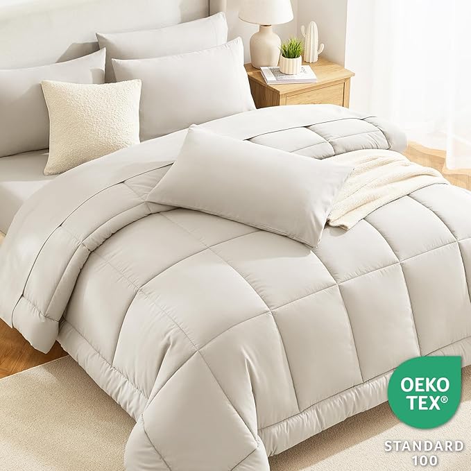 CozyLux Queen Comforter Set Beige, 7 Pieces Bed in a Bag, Beige Comforter Queen Size, All Season Bedding Sets with Stitch Quilted Comforter, Flat Sheet, Fitted Sheet, Pillowcases
